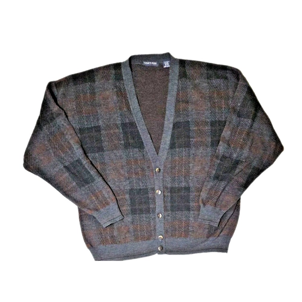 Vintage Plaid‎ Knit Cardigan Sweater Today's Man Wool Blend Italy Grandpa Sz XXL